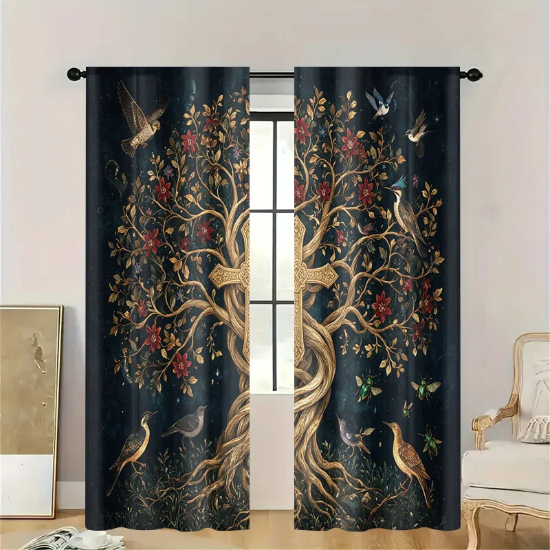 Beautiful Decorative Woodland Tree Curtain Panel Fantasy Nature Scene Art Birds Mural Style Window Treatment Living Room Drape