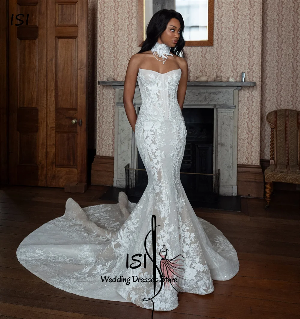 ISI Luxury Mermaid Wedding Dresses For Women Lace Applique Sweetheart Collar Pleat Bridal Gown Robe De Mariée Customised  ﻿
