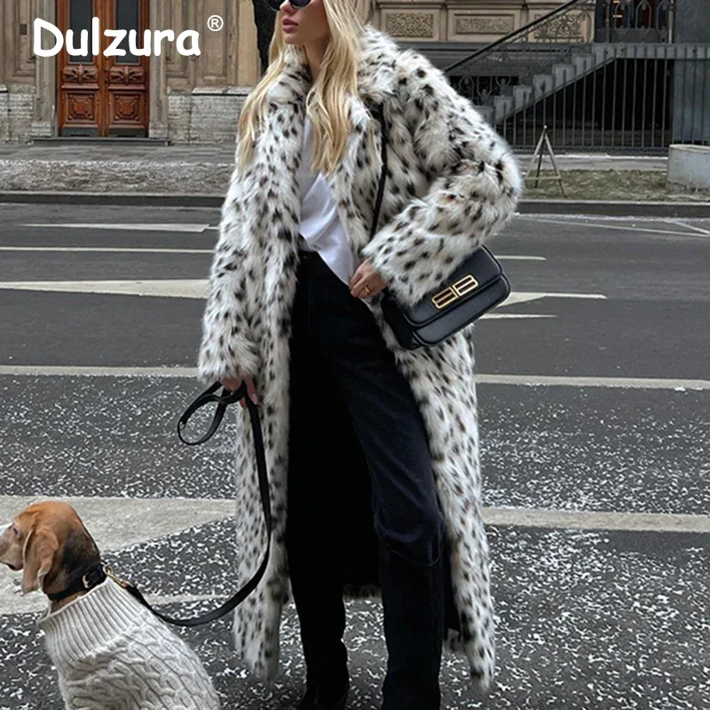 2024 Winter Stylish Street Fashion Fluffy Faux Fur Coat Women Exclusive Long Belted Furry Leopard Eco Fox Fur Jacket Overcoat