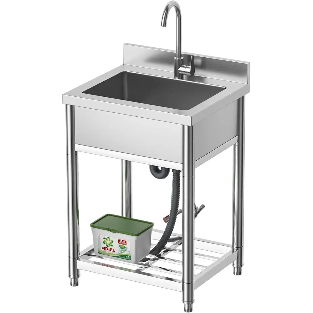 

Stainlmmercial Kitchen Sink, ree Standing, Single Bowl Sink Basin with Cold & Hot Water aucet, Indoor and Outdoor Sink, 21.7 in