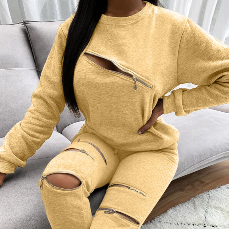 BKLD Fall Trendy Casual Women Solid Color Zipper Patchwork 2 Piece Tracksuit Streetwear O Neck Long Sleeve Sweatshirt+Full Pants