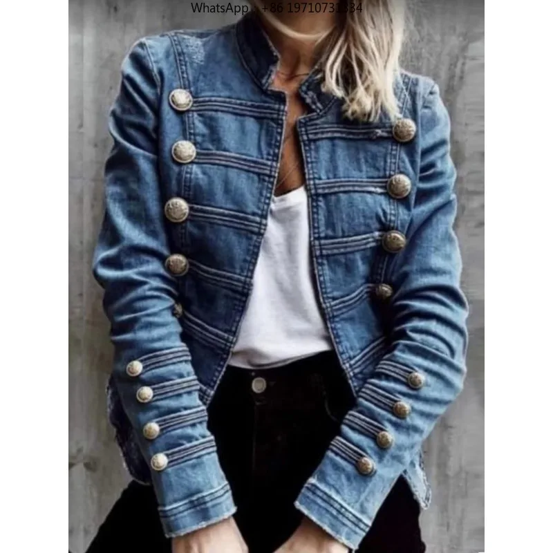 Women European American Double Breasted Denim Autumn Commuter Slim Fit Outerwear
