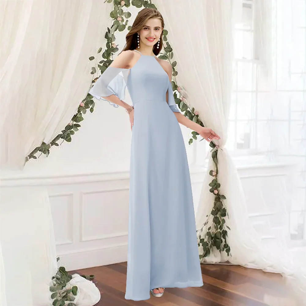 

UETEEY Jewel Neck Bridesmaid Dress Sleeveless 2022 Floor Length Pleats Sheath Chiffon Wedding Party Gowns