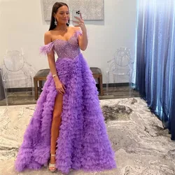 Luxury Ruffles Prom Gowns Feather Beaded Off The Shoulder Party Dresses Tulle Dubai Crystals High Split Lush Women Dress Lilac