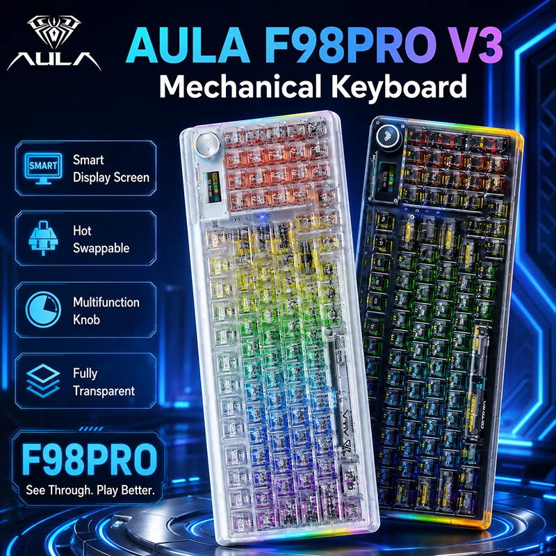 AULA F98PRO V3 Mechanical Keyboard Transparent Keycaps RGB Wireless Bluetooth Hot Swappable Gaming Keyboard With Screen Knob