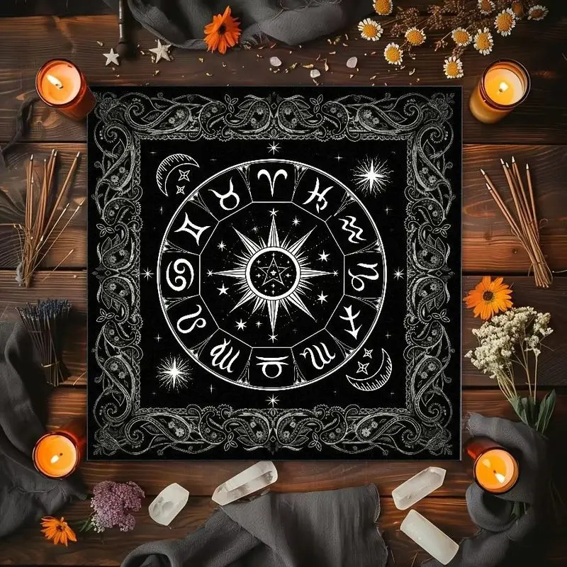 VIKAMA Golden Pentagram Rune Twelve Constellations Sun Moon Star Altar Cloth Tarot Card Tablecloth Divination Decoration