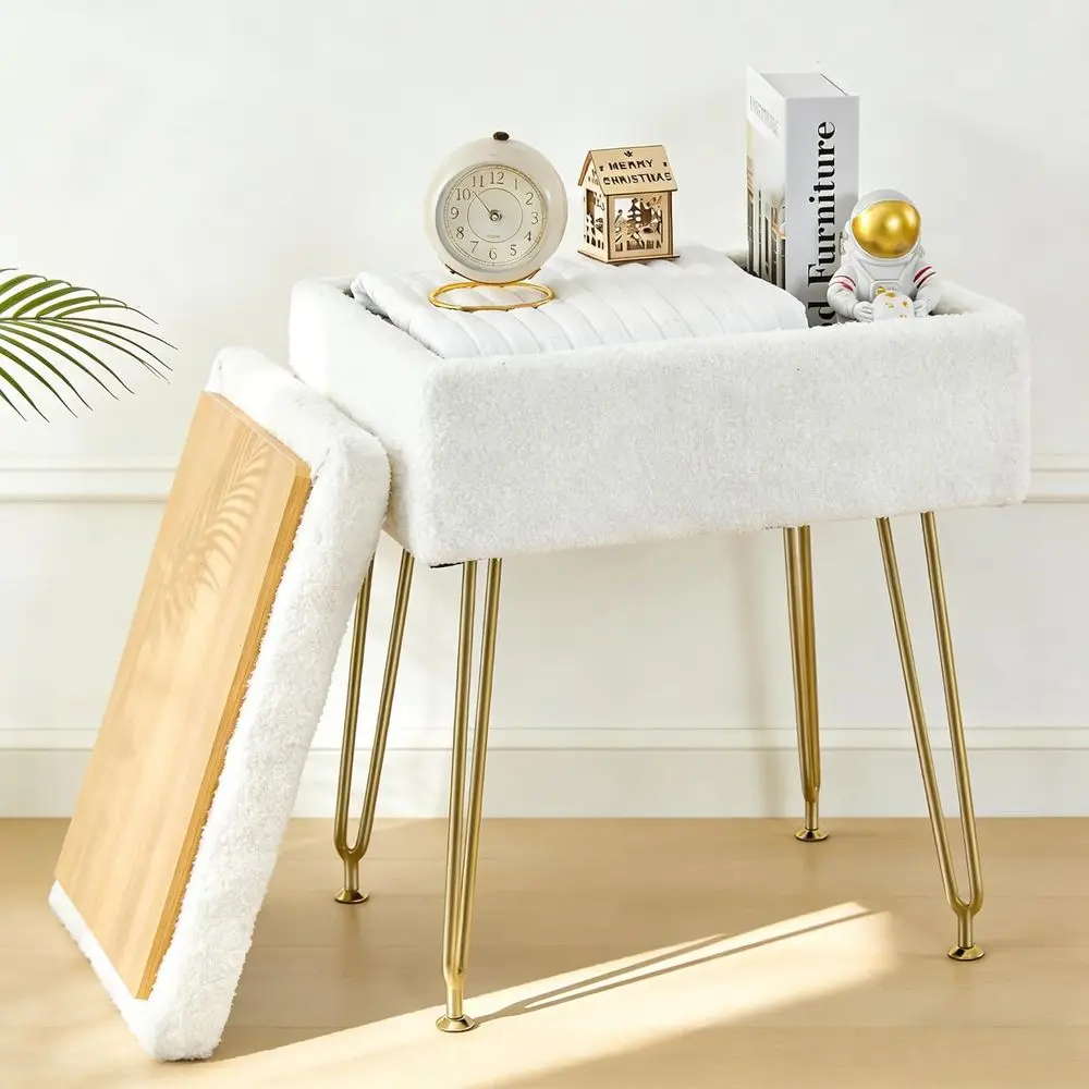 

Vanity Stool, Sherpa Vanity Stool Chair with Storage, Recliner Makeup Chair with Padded Seat for Bedroom (White)