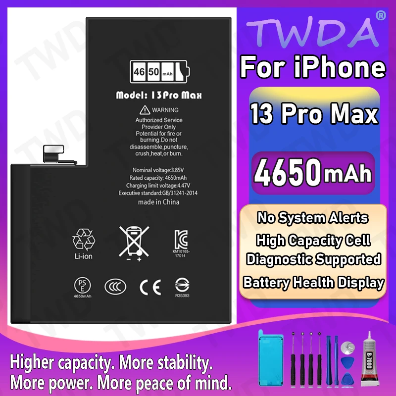 

Диагностический аккумулятор 4650 мАч, оригинальная часть, без всплывающего сообщения для iPhone 13 Pro Max, новая замена высокого качества + бесплатные инструменты