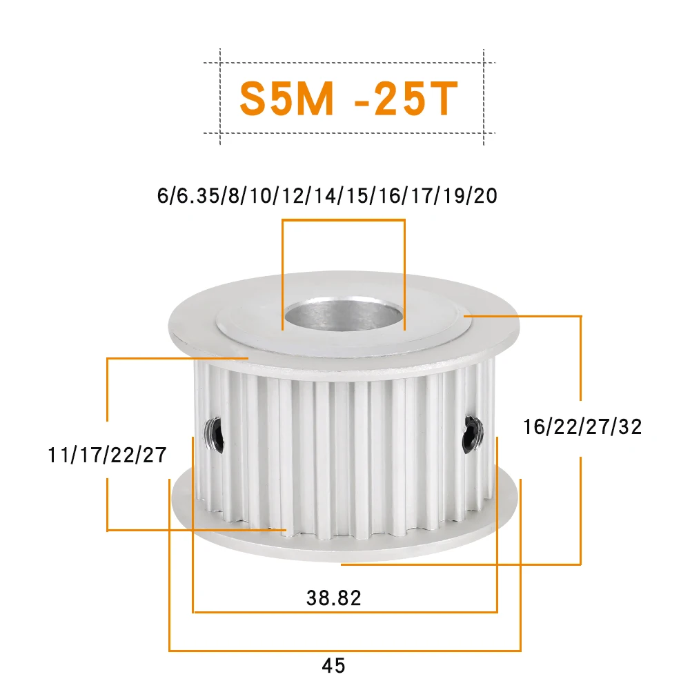 Toothed Pulley S5M 25T Flat Top Circular Tooth 11/17/22/27mm Width 5mm Pitch Alloy Pulley Bore 6/6.35/8/10/12/14/15/16/17/19mm