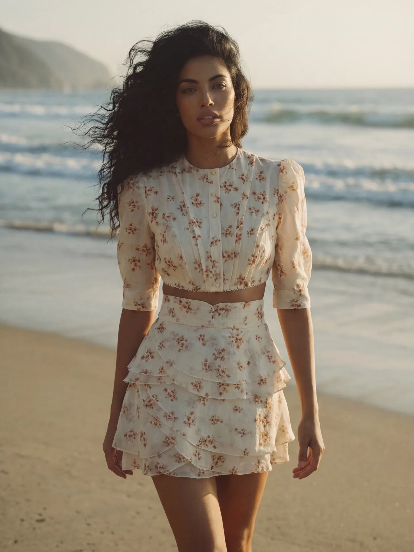 Image of Frühling 2026 Bubble-Ärmel Rundhals-Chiffon-Top-Sets mit Mehrlagigem Blumen-Kurzrock Sexy Zweiteiler-Ensemble für Damen