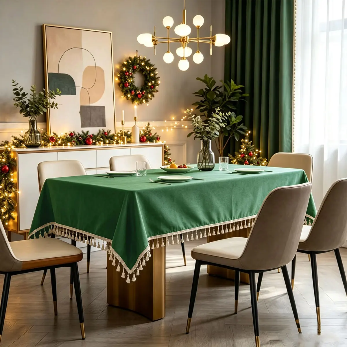Christmas Simple Solid Color Tassel Tablecloth, Washable, Reusable Restaurant Kitchen Table Decoration Tablecloth