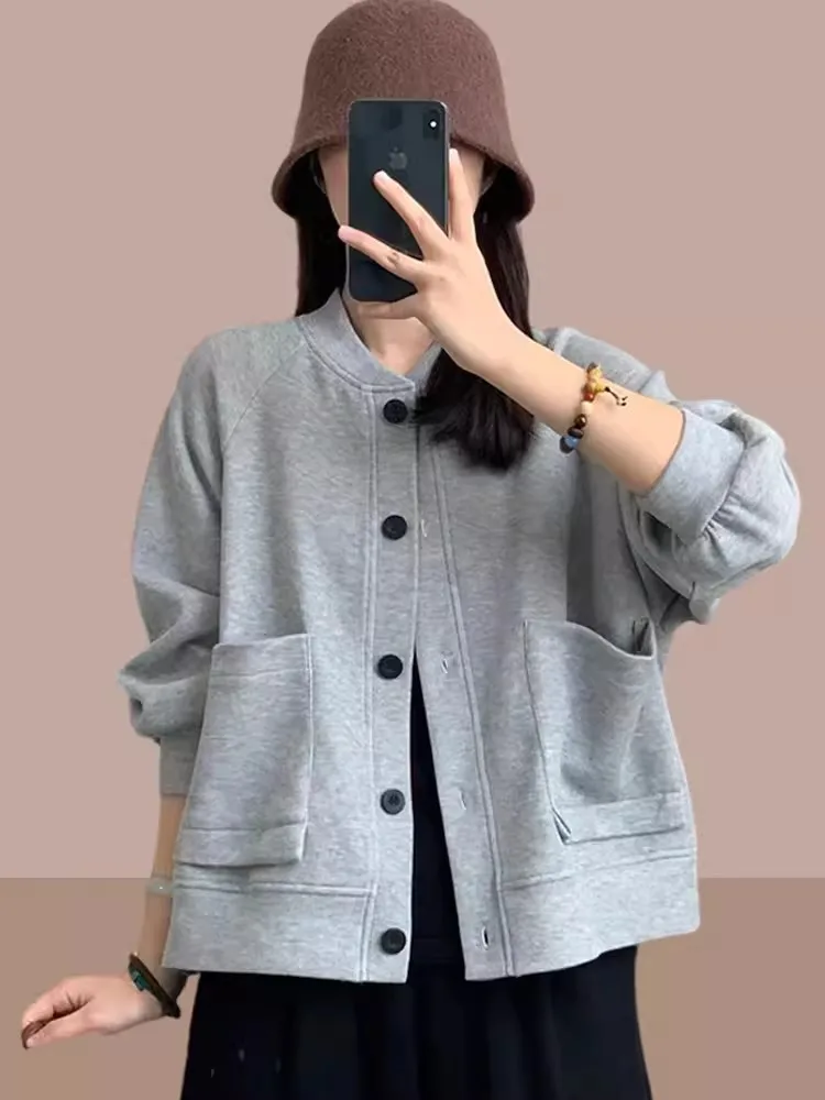 Women's Short Casual Jacket 2026 New Style Spring Autumn Small Size Baseball Clothes Loose Fit Long Sleeve round Neck Coat
