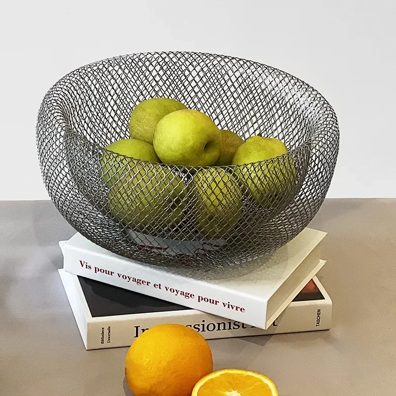 10\'\' Metal Double Layers Fruit Basket Minimalist Mesh Iron Art Sitting Room Refreshment Organizer Tray Side Table Houseware