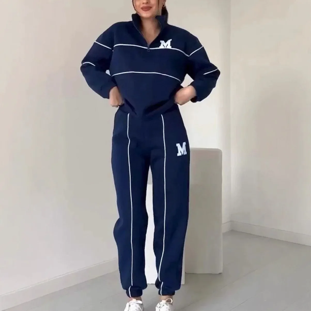 Two Piece Sets Women Pant Set Zipper Tracksuit Jogger Y2k Loose Sweatshirts Print Letter Elastic Waist Long Pants Autumn Winter