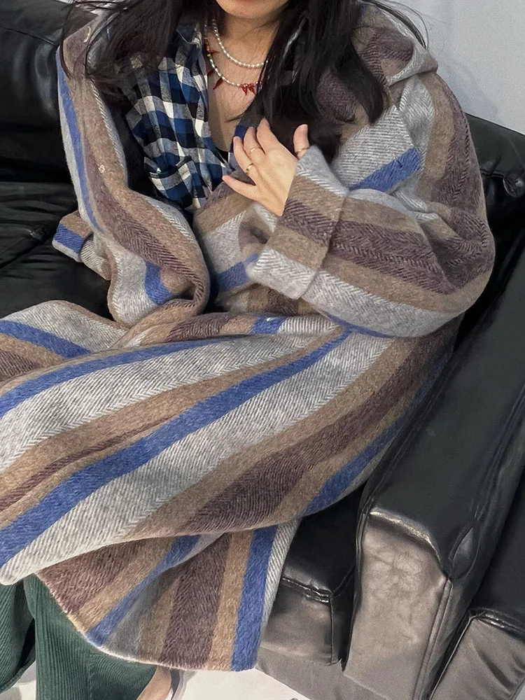 

Шерстяное пальто ручной работы, двустороннее, зимнее, новинка, прямой крой, удлиненное, средней длины, женское, с капюшоном