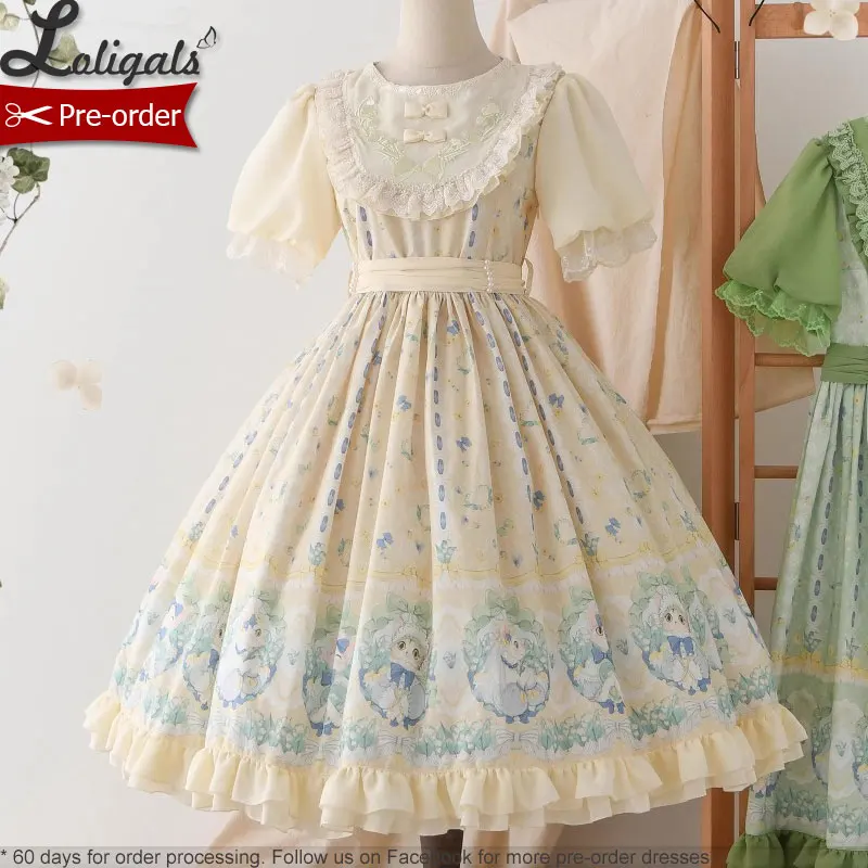 Pre-order Sweet Short Sleeve Lolita Dress Printed Casual Party Dress ~ Lily of the Valley & Kitten by Strawberry Witch