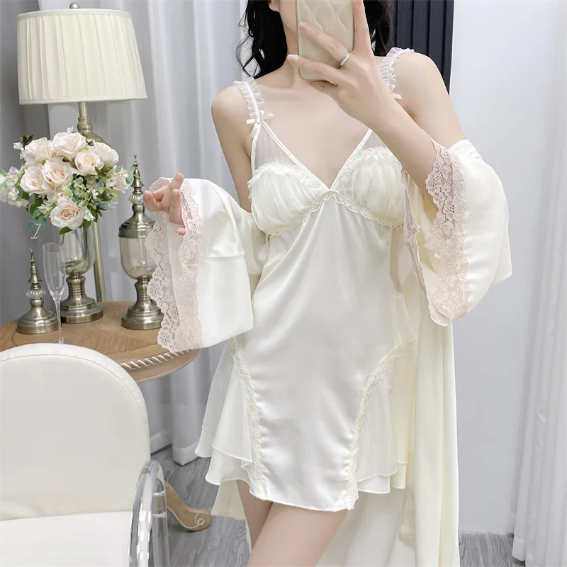 Luxury Princess Style Nightgown Bathrobe Set Female Spring Summer Homewear Sexy Lace Trim Robe Suit Satin Nightwear Loungewear