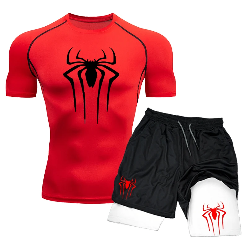 Men\'s Workout Compression Shirt Spider Printed Gym Tshirts Breathable Running Shorts Quick Dry Sports Rash Guard Sportwear Set