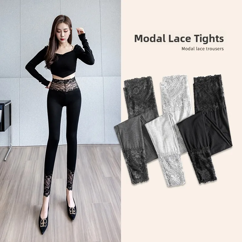 High Waist Slim Fit Modal Lace Trim Women's Thin Base Layer Pants Elasticity Warm Long Pants Casual Style Fatty Control Butt ...