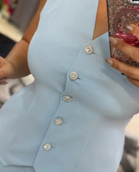 2025 V-Neck Button Front Asymmetrical Pleated Design Suit Vest and High Waisted Straight Leg Pants Set for Women's Elegant Suit