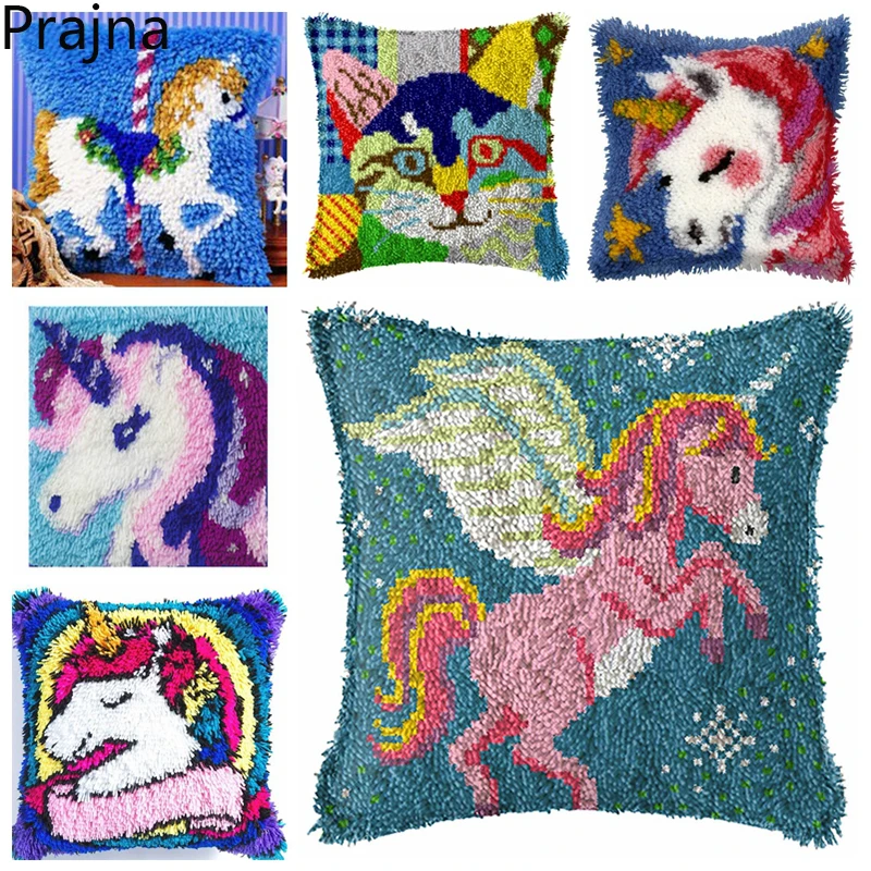 Unicorn Cat Style Latch Hook Kits Smyrna Pillowcase Knot Pillow Package Latch Hook Kit Set For Needlework DIY Embroidery Cushion