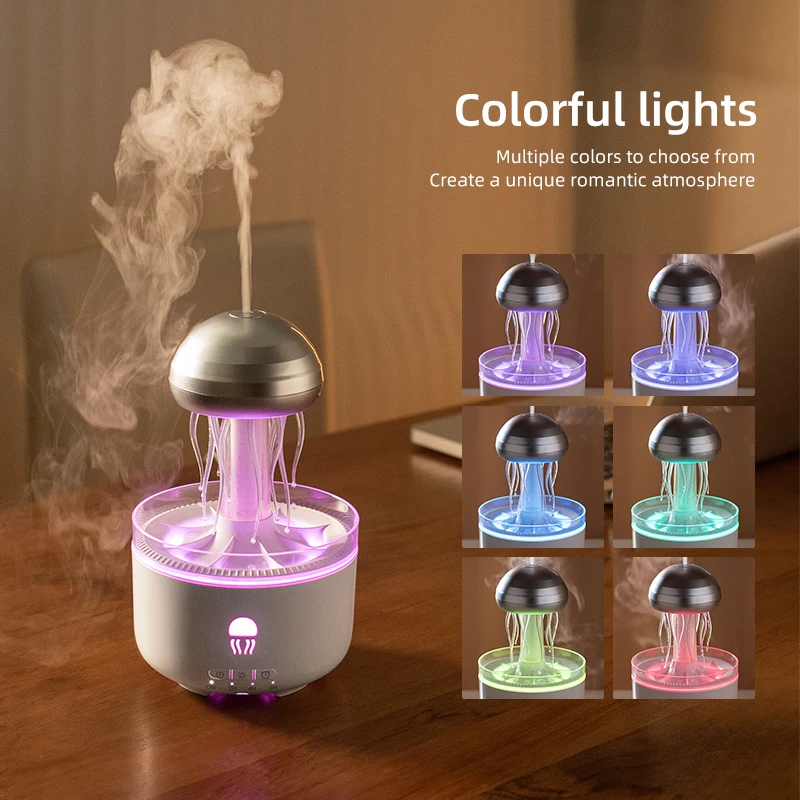 Jellyfish Humidifier Water Drip Rain Cloud Night Light Aromatherapy Essential Oil Diffuser Desk Fountain with 7 Colors Humidifie