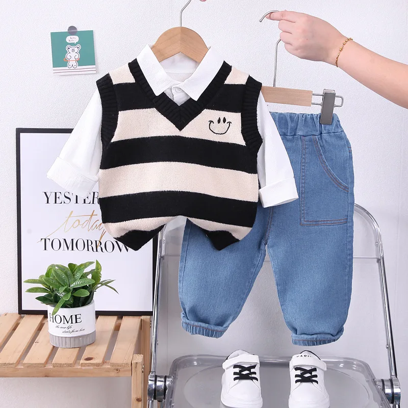 Kids Baby Tracksuit Set Spring Autumn Fashion Striped Sweater Vest + Shirts + Jeans Infant Boys Clothes Toddler Boy Outfit Set