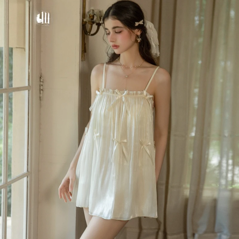 Sexy Underwear Mesh Transparent Lace Robe Straps Nightgown Charm Elegant Temptation Bow Sling Dress Thin Outer Robe Women's Set