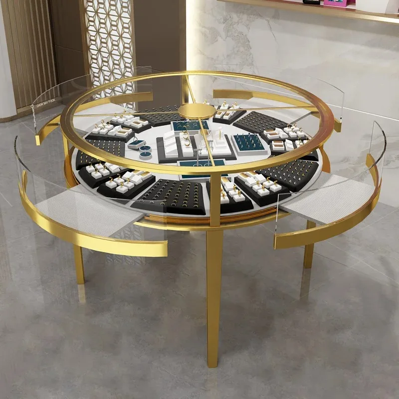 Stainless steel round cabinet jewelry display gold jade jade glass high-end luxury display cabinet