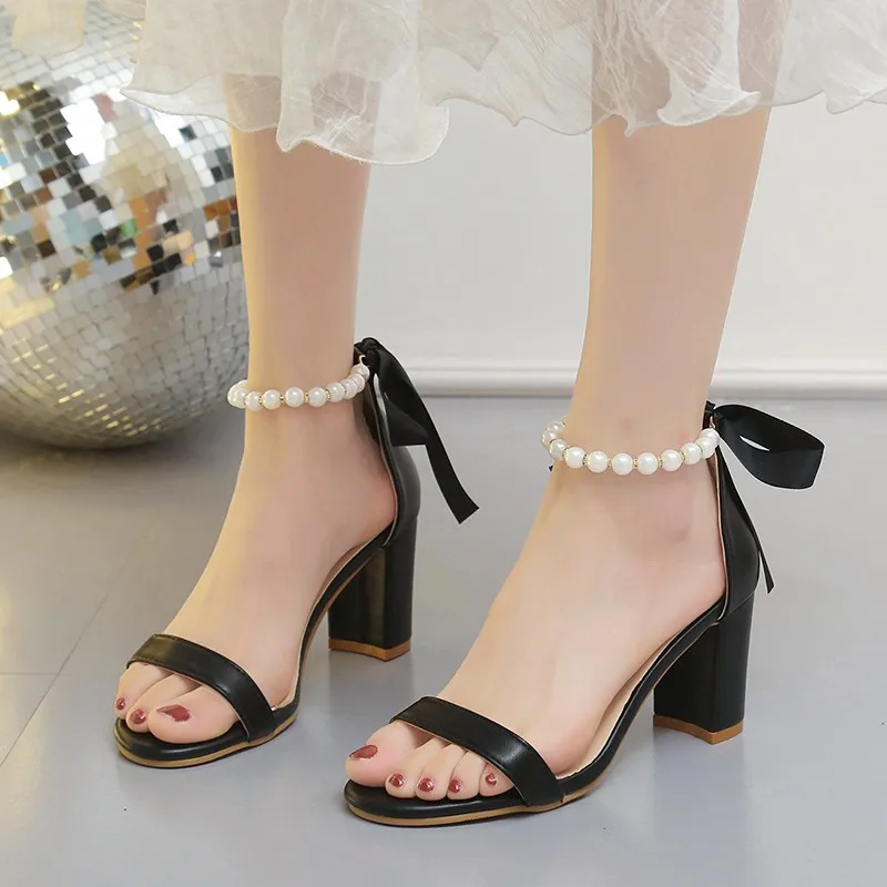 Women Sandals Fashion Sexy String Bead Silk 7CM Square Heel Buckle Strap Banquet Dress Wedding Women\'s Shoes Beige Wedding