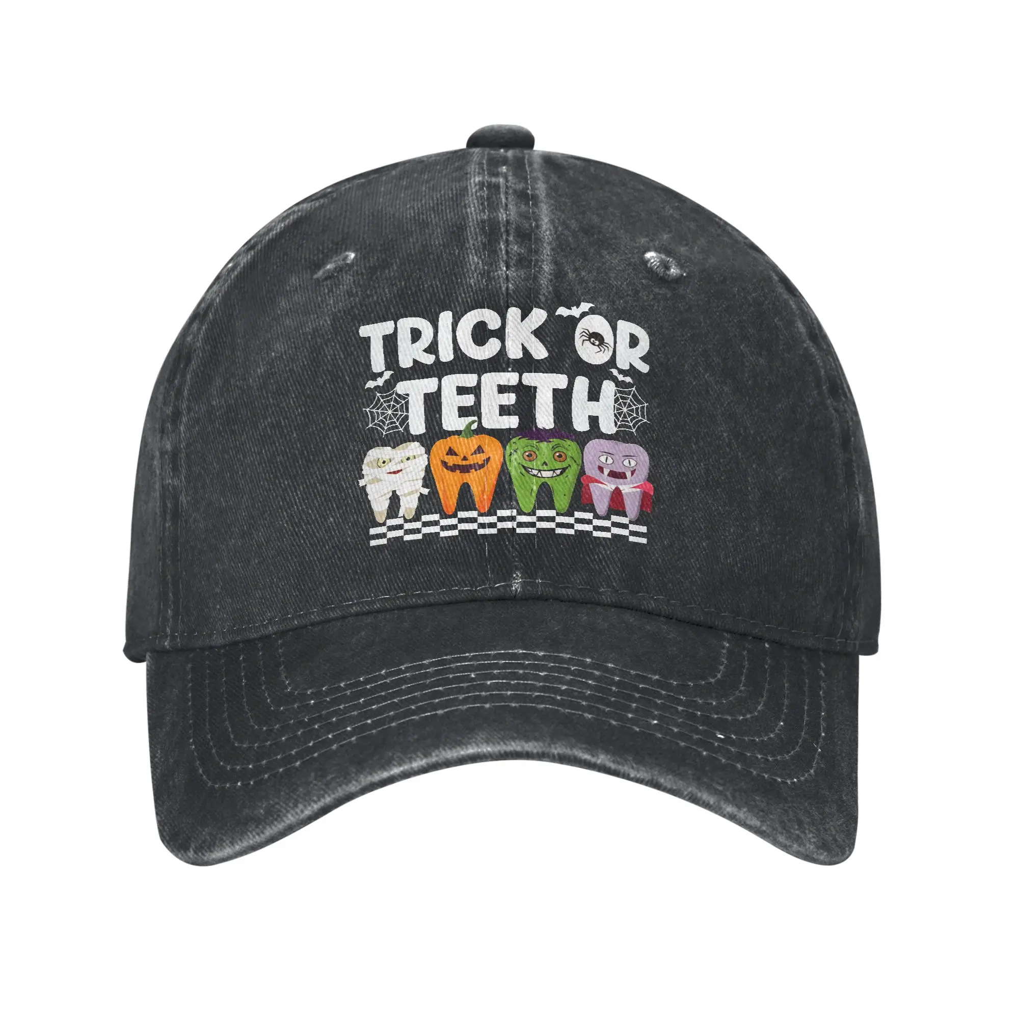 Trick Or Teeth Baseball Caps Distressed Cotton Cartoon Teeth Helloween Snapback Hat Unisex Style Unstructured Soft Caps Hat