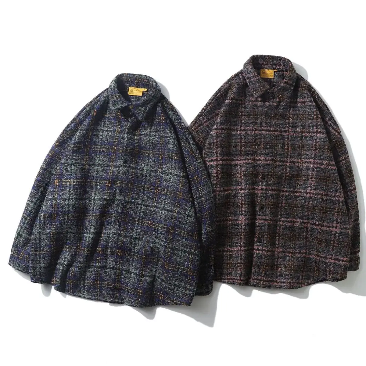 

Retro Japanese Sle Men's Plaid irt Long Sve Woolen Casual Outerwear Spring Autumn ex Faionable Couple's Coat