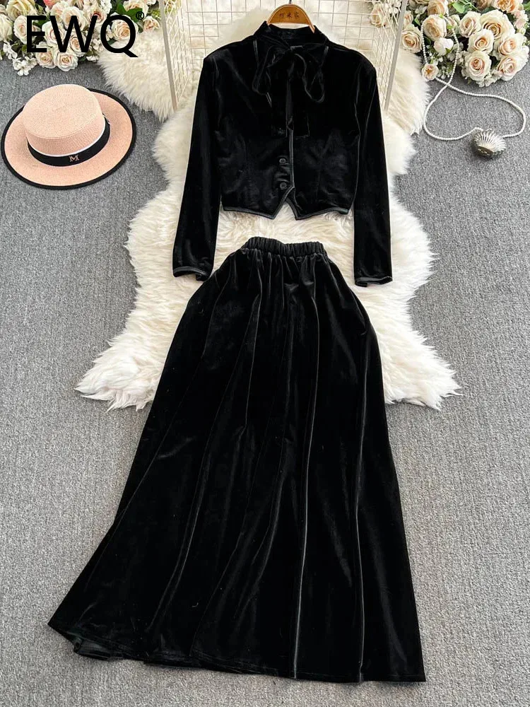 EWQ Elegant Velvet 2 Piece Set Women Lace-up Collar Single Breasted Coat + A-line Long Skirts Fashion 2025 Spring New 27X1697