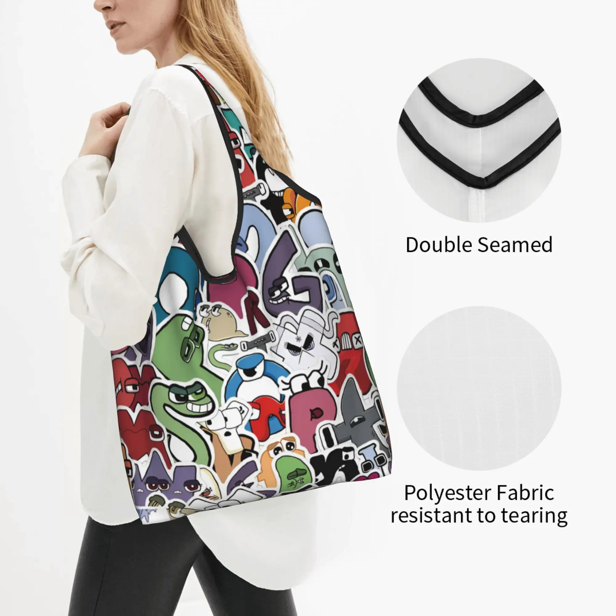 A-Alphabetes Hot Cartoon Groceries Tote Shopping Bag Women Funny Letter Shopper Shoulder Bag Big Capacity Handbag