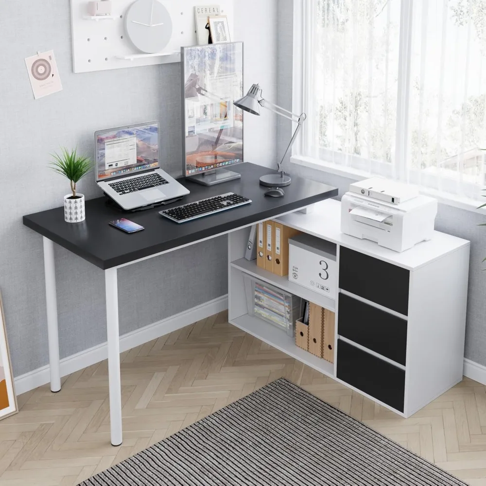 

Office computer desk corner table with black drawers and shelves, 53 inch L-shaped study desk with storage space