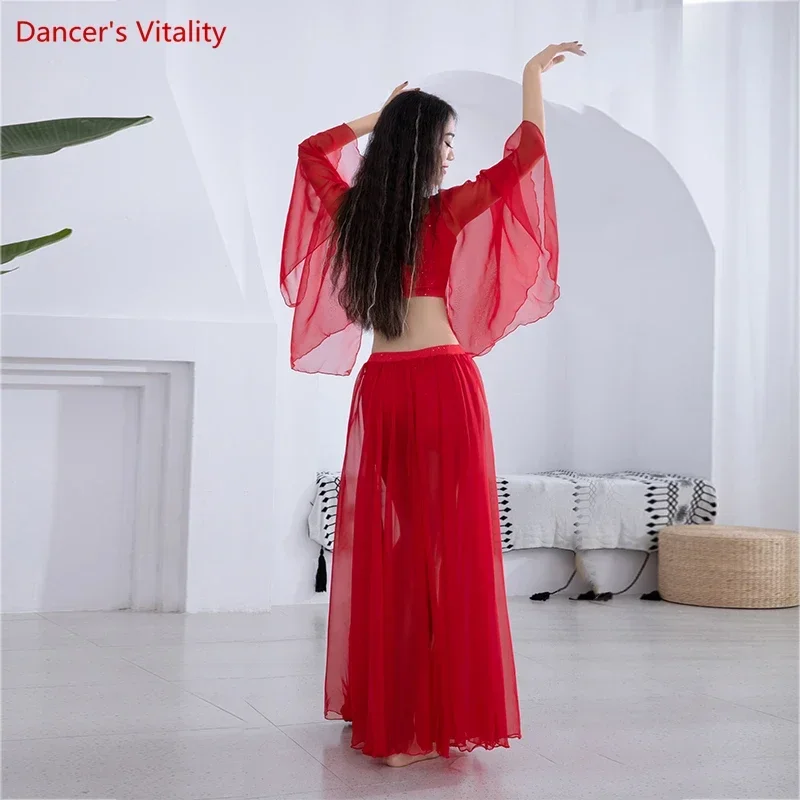 Traje de dança do ventre conjunto mangas alto-falante + sexy split chiffon saia 2 pçs customizado adulto criança oriental dança wear 6xl