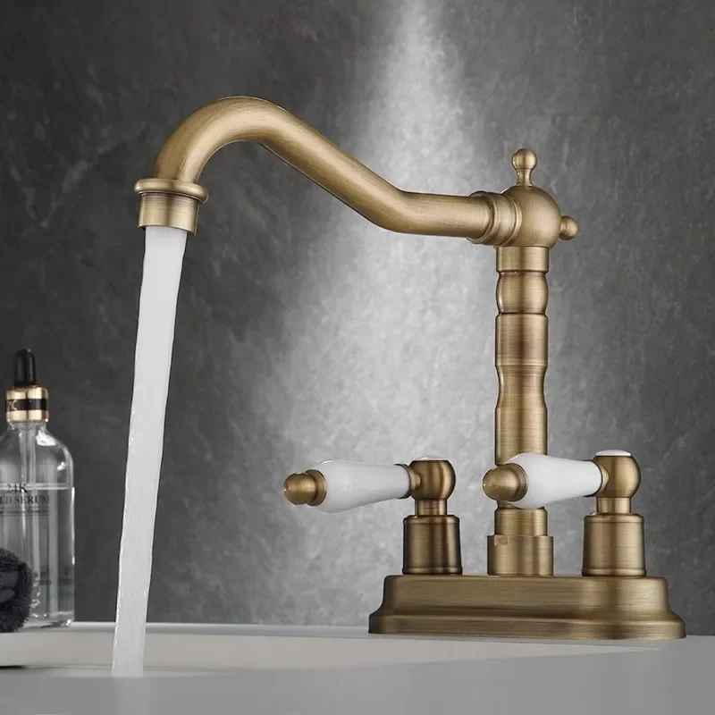 Antique Basin Faucet Double Hole Bathroom Brass Sink Mixer Tap Hot & Cold Deck Mounted Lavatory Crane Water