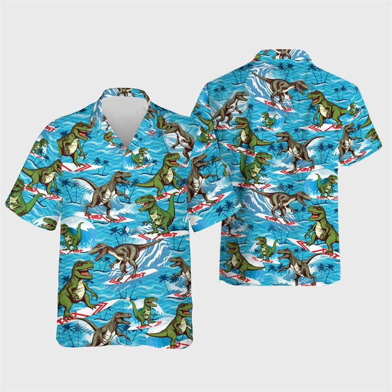 

Cartoon Dinosaur Fruit Beach Shirt Harajuku Fashion Tyrannosaurus Rex Surfing Short Sleeve Hip Hop Blouses Boy Short Sleeve Tops