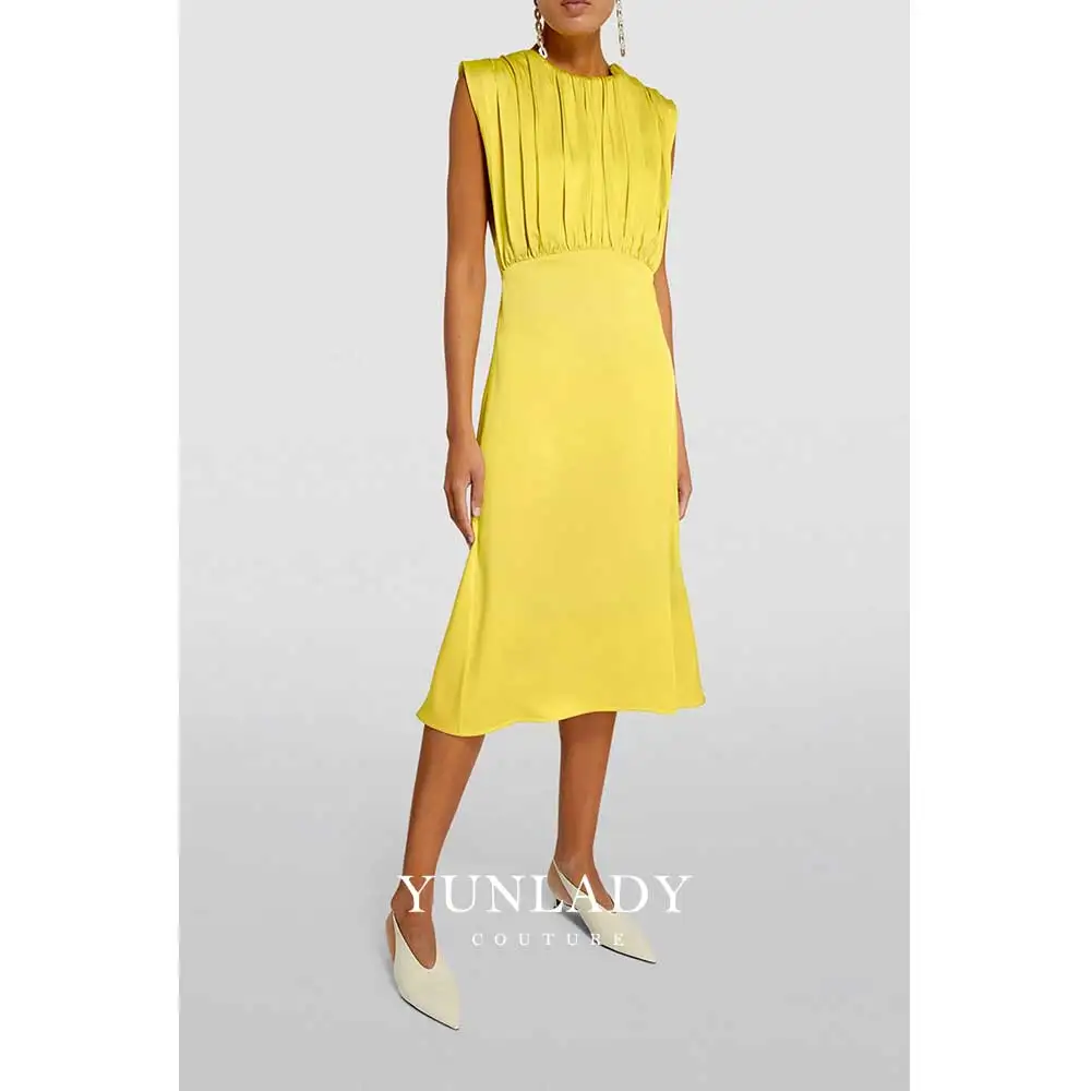 

YUNLAN Bright Yellow Sleeveless Midi Mom Dress 2024 Saudi Elegant Wedding Guest Formal Party Dress Women Satin A-Line Dress