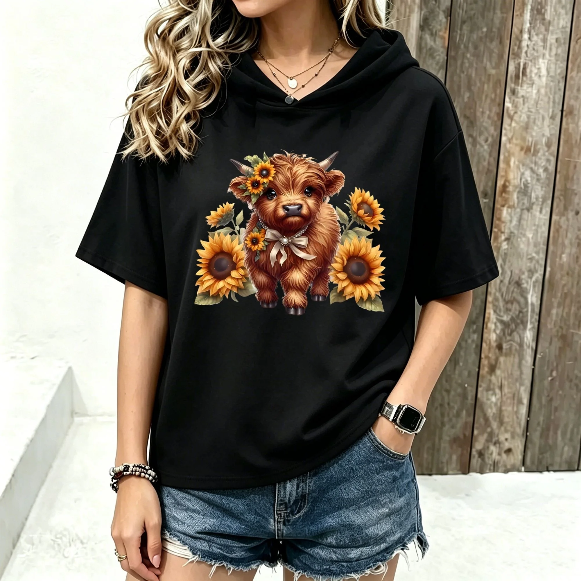 Women's Plus Size Regular Length Short Sleeve Casual Top Featuring A Charming Highland Cow With Sunflowers, Perfect For Everyday Wear,Made From Soft Stretchy Fabric, Perfect For Summer Unisex