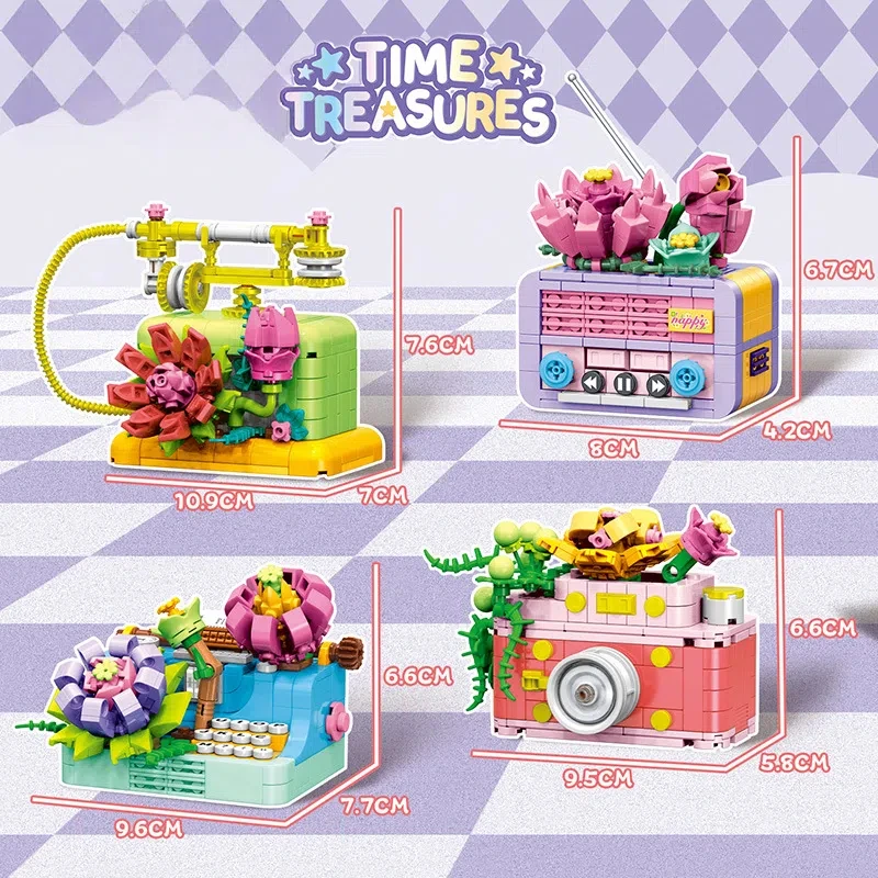 MOC Flower Time Treasures Micro Building Block Set 4PCS Phone Camera Typewrite Educational Toy For Children Holiday Kid Gifts