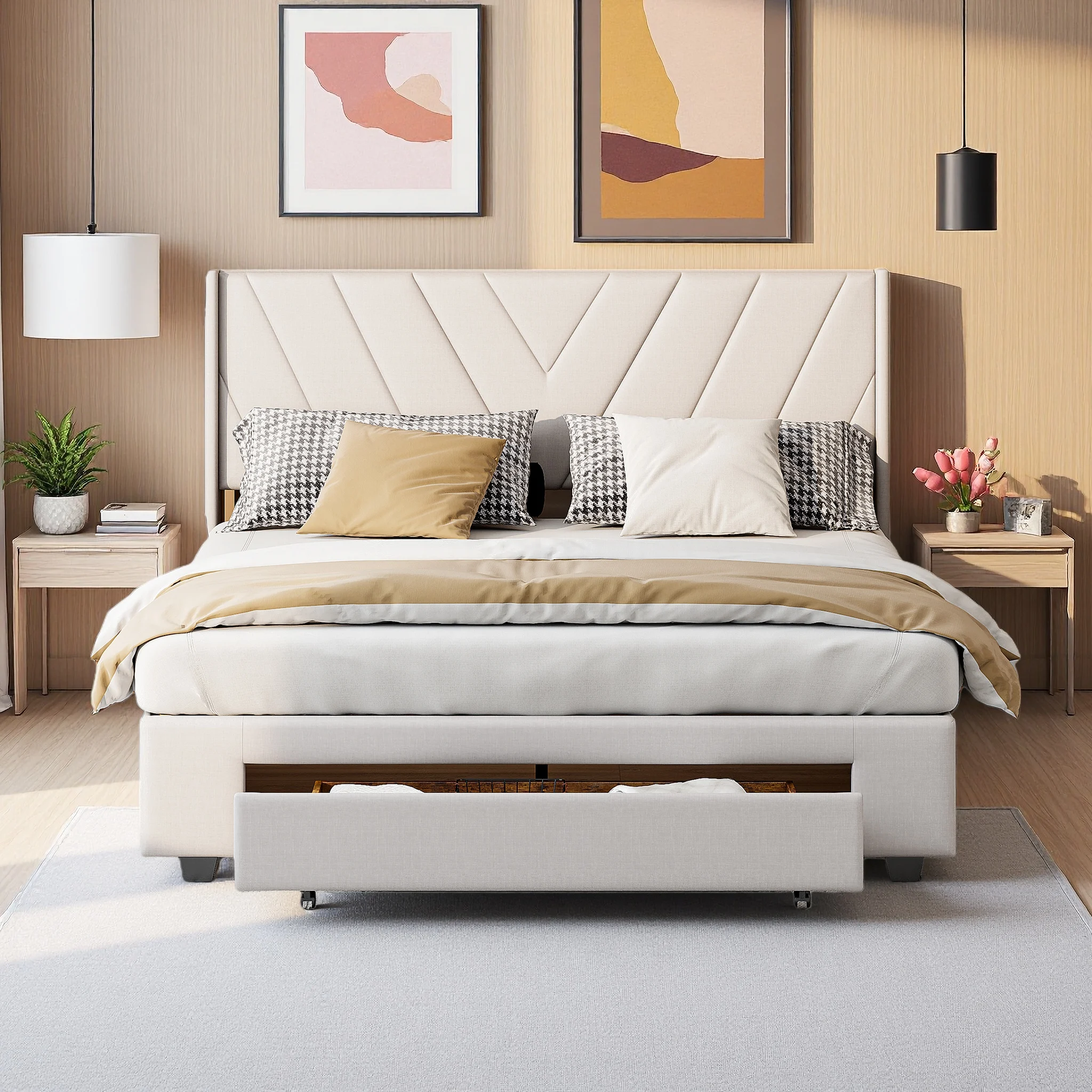 Cama Doble Comanlai, Tela de Lino, con Cabecero con Patrón Geométrico, Cama con Almacenamiento, con 3 Cajones Retro de Gran Capacidad, Beige