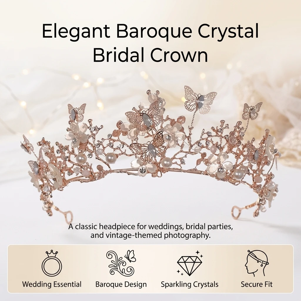 クラウン金メッキバロックバタフライフラワーヘアバンド-エレガントなブライダルヘッドピース-結婚式パーティーアクセサリー