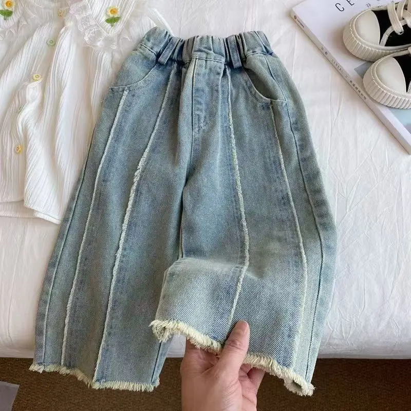 

Girls' Jeans With Rough Edges And Wide Legs Stylish Loose Straight Leg Pants Korean Style Trendy Children's Pants