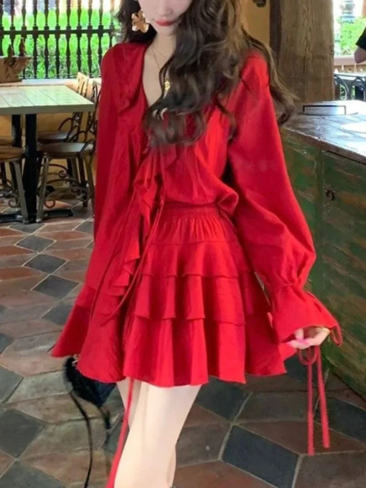 2023 Autumn Red 2 Piece Dress Set Women Casual V-Neck Y2k Crop Tops + Mini Skirts Even Party Clothing Korean Style Fashion Suits