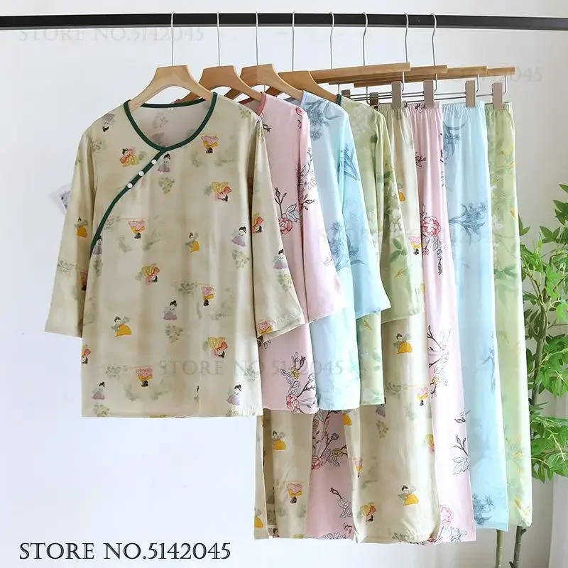 

Женская одежда для сна из вискозы и поплина, пижамный комплект из 2 предметов, ночная рубашка в китайском стиле с цветочным принтом, пижамный костюм с бюстгальтером, удобная домашняя одежда