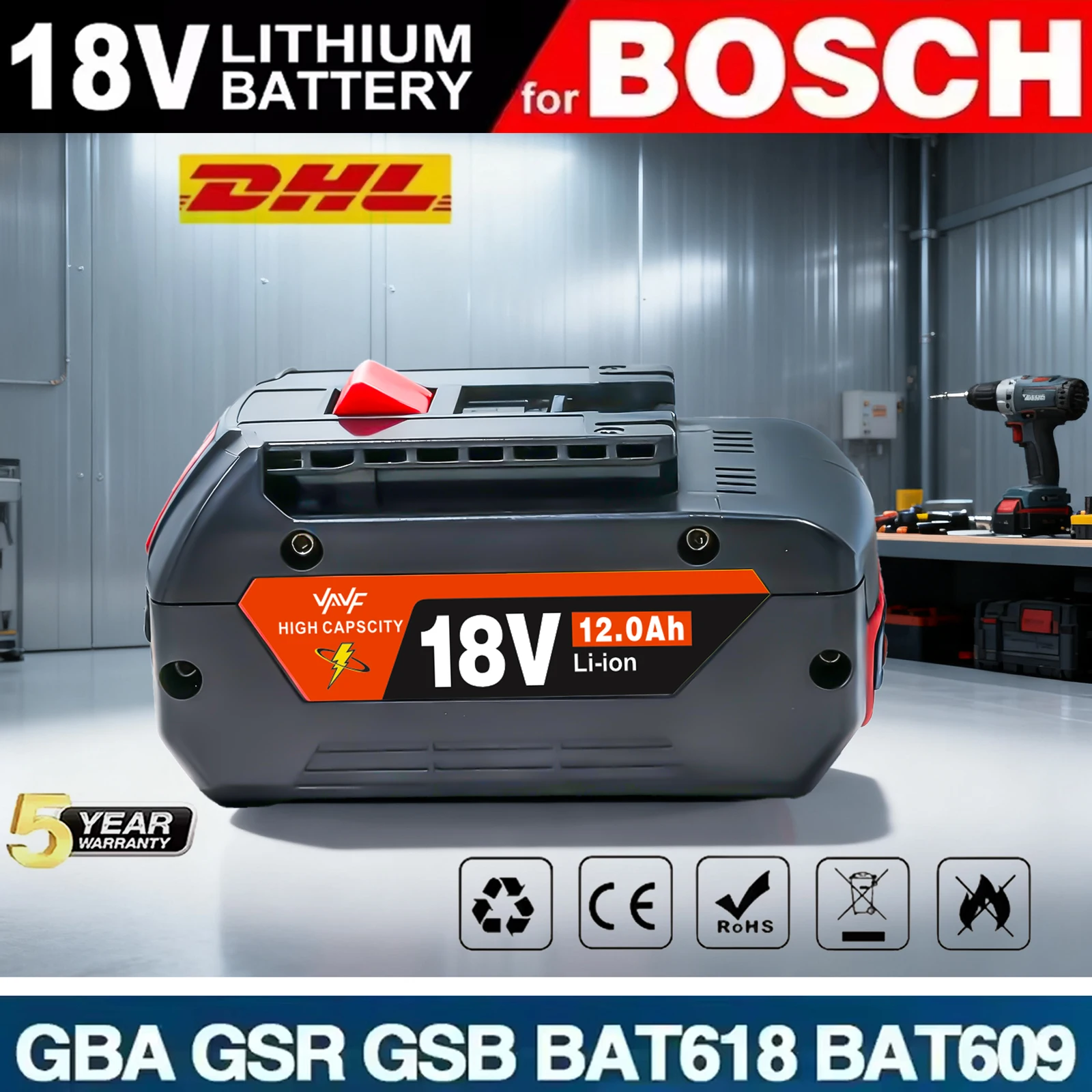 

Для аккумулятора Bosch 18 В, 12,0 Ач, новая сменная батарея - подходит для BAT609/BAT609G, литий-ионная аккумуляторная батарея для электроинструмента