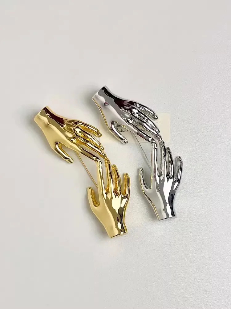 Kshmir Metal Smooth Double Hand-shaped Palm Large Brooches for Women Men Unique Punk Creative Suit Pins Party Jewelry Gifts