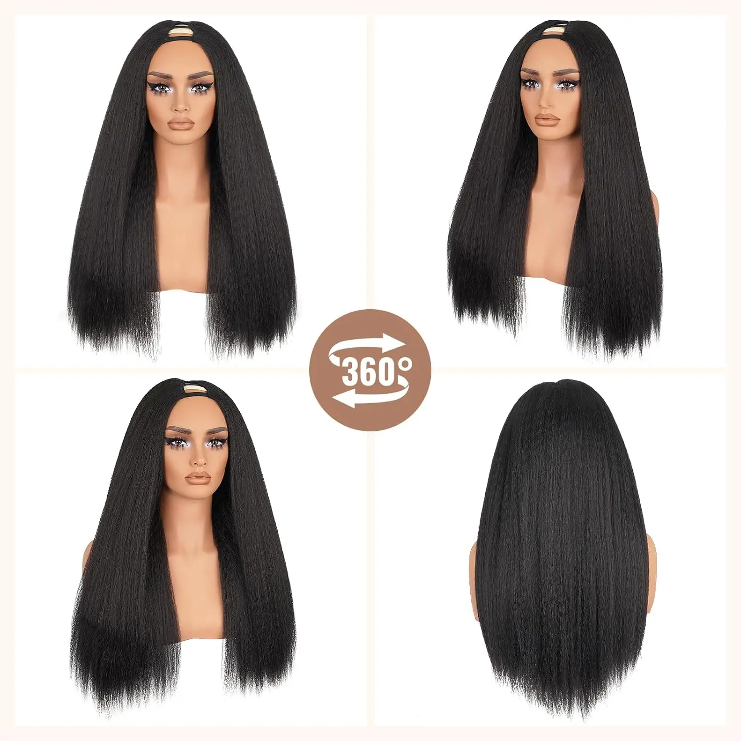 16/20Inch 180 Density Kinky Straight V Part Wig Synthetic Hair Drawstring V Part Synthetic Hair Wig Unprocessed Glueless No Sew