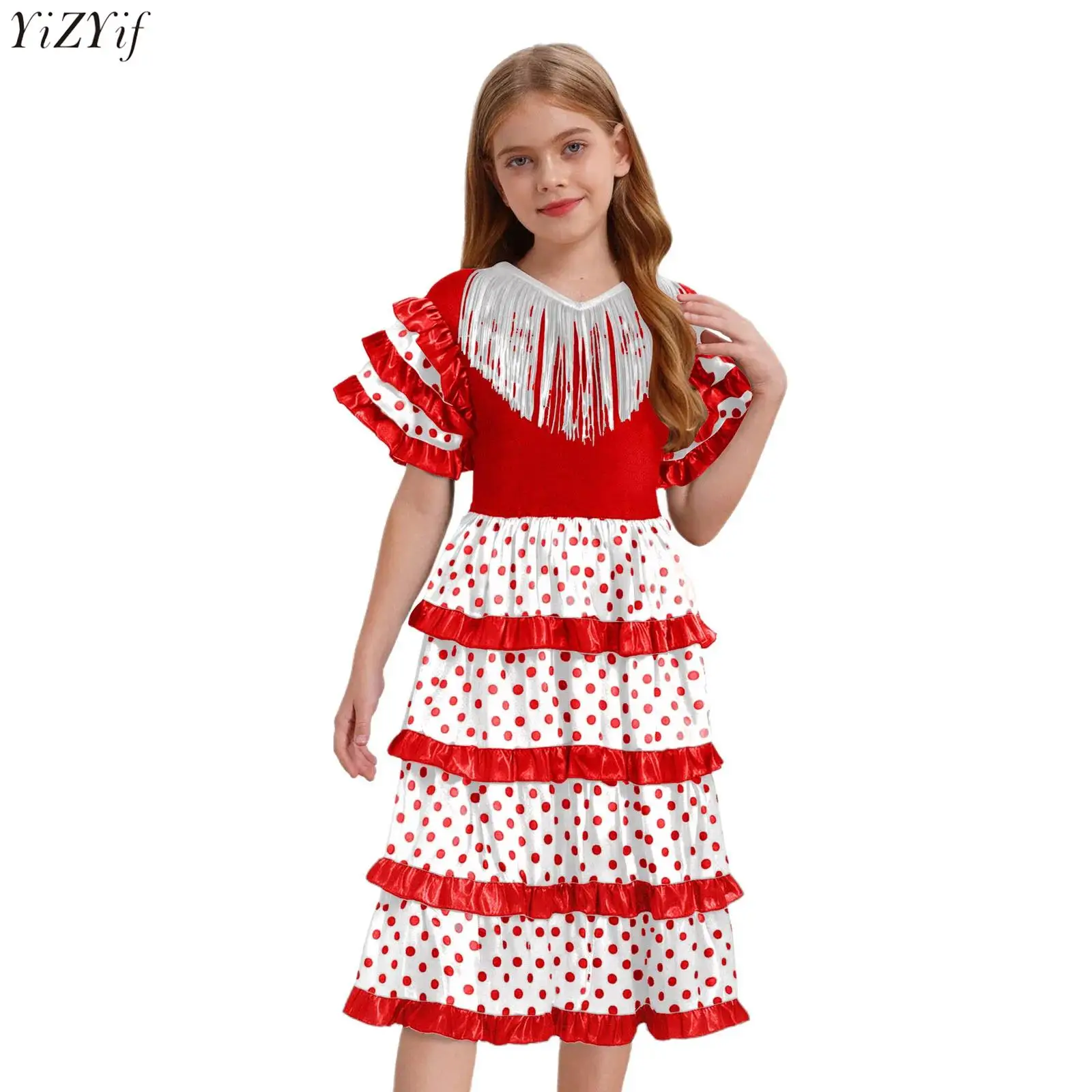 Kids Girls Spanish Flamenco Dress Gypsy Style Dance Performance Costume Tassels Short Sleeve Tiered Ruffles Dots Dress Halloween